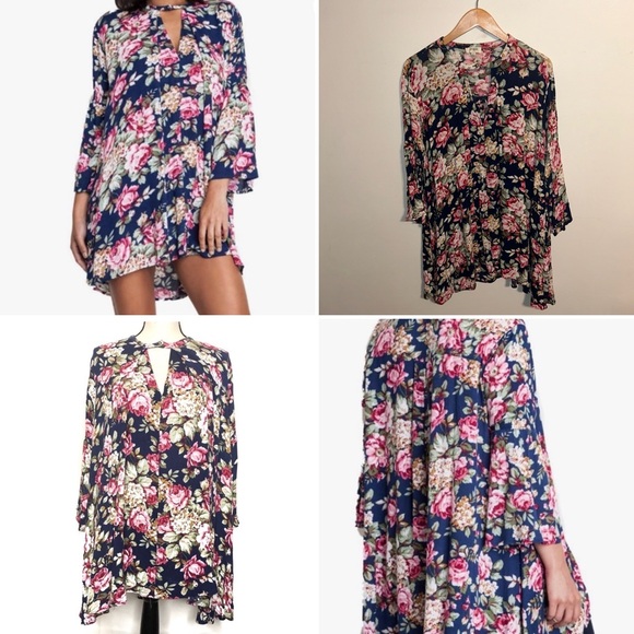 Umgee Navy Floral Trapeze Swing Cut Bell Sleeve Dress / Tunic Size L Large - Picture 13 of 14